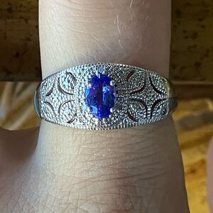 Natural Tanzanite White Diamond Sterling Silver Art Deco Ring Size 9